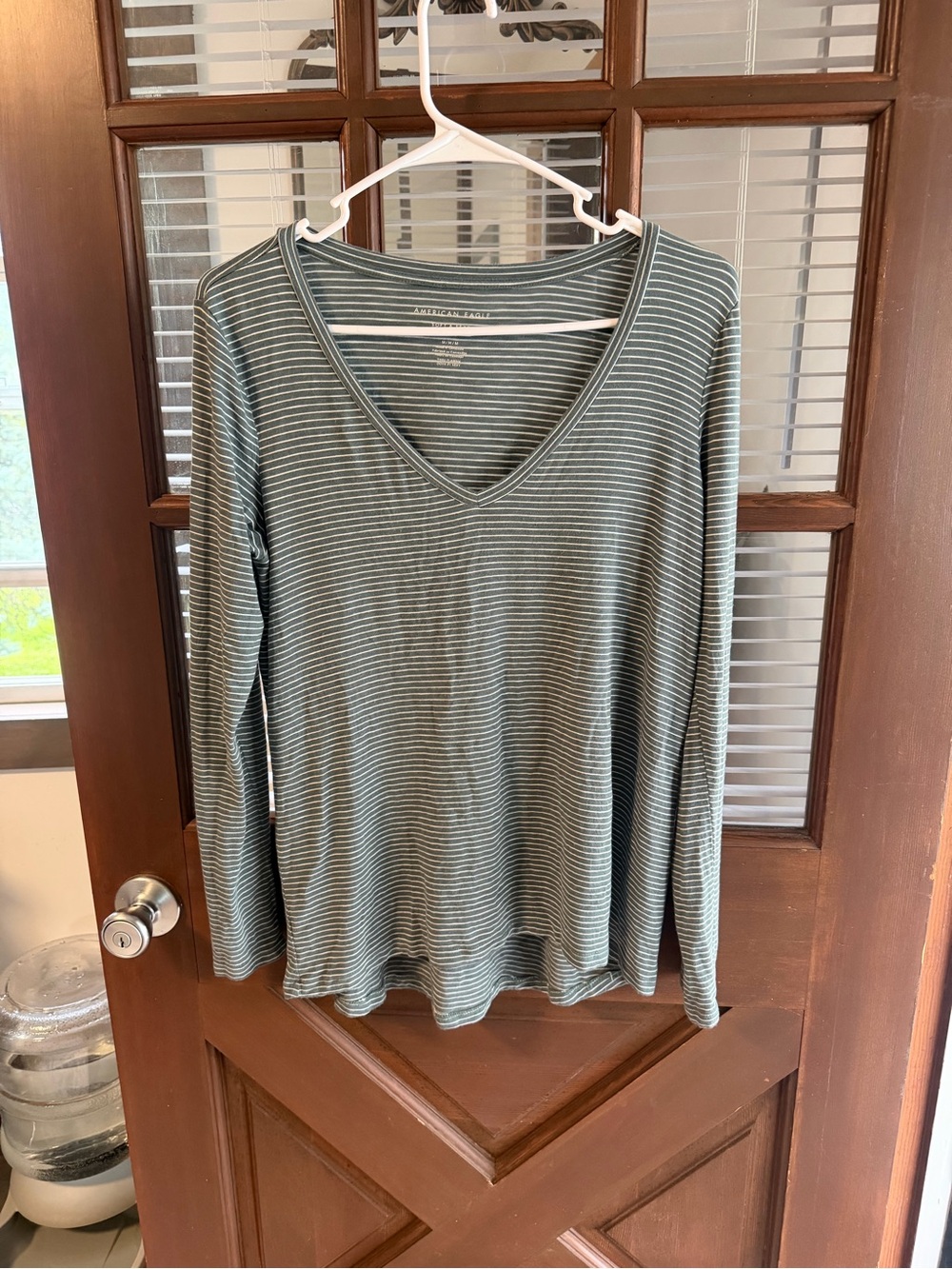 American Eagle Outfitters Green and White Striped V-Neck Long Sleeve Top
